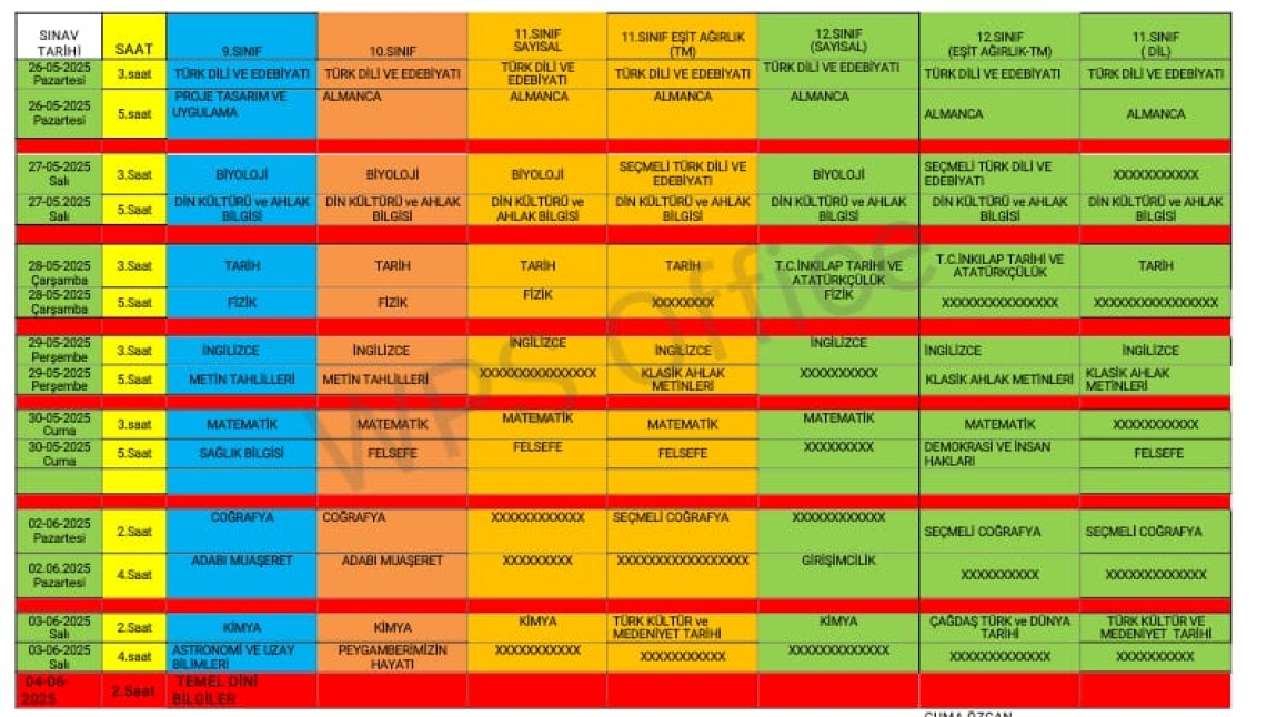 2024-2025 Eğitim- Öğretim Yılı  Vali Ziyapaşa Anadolu Lisesi 2. Dönem 2. Ortak Yazılı Sınav Tarihleri