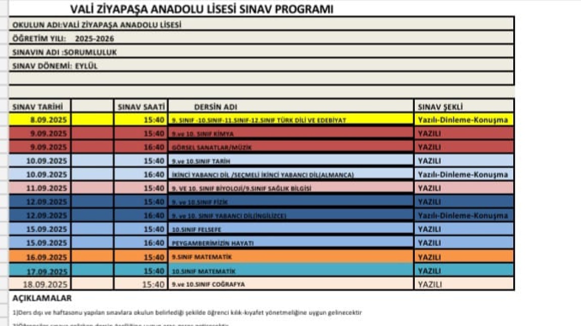 2025-2026 EĞİTİM-ÖĞRETİM YILI EYLÜL DÖNEMİ SORUMLULUK SINAV TAKVİMİ